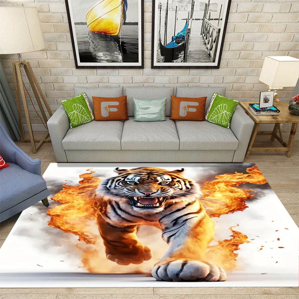 Dual Tiger with Ice Flame Effects Living Room Large Carpet  White Tiger Patterns Anti-slip Rug for Home Decor