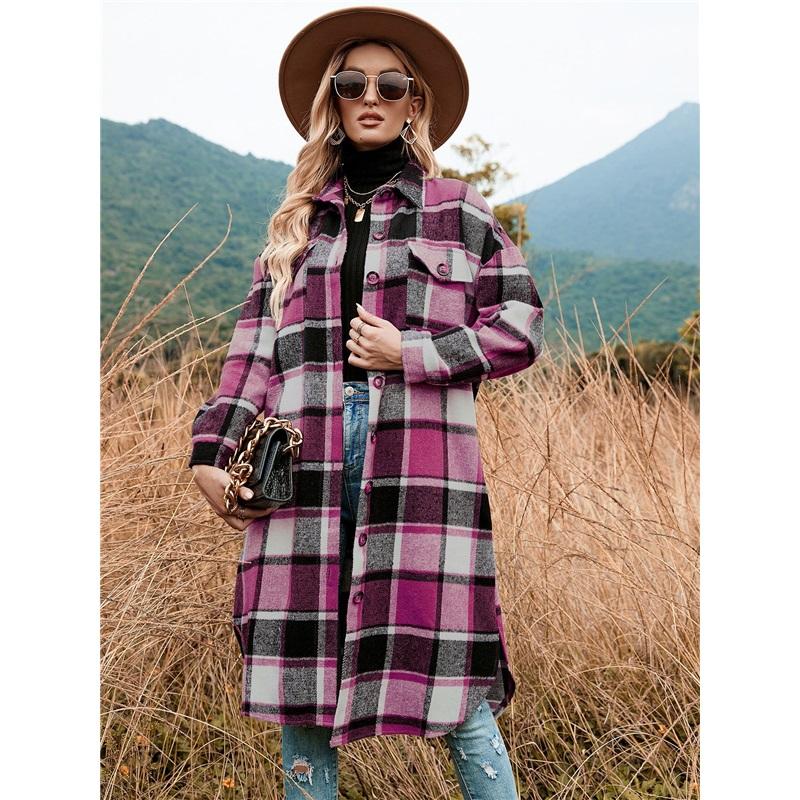 

Temperament Slim-fit Long Windbreaker Lapel Pocket Plaid Woolen Coat XL Яскраво-рожевий