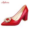 Fashion Aphixta New 7cm Square Heel Baby Pink Pearl Crystals Buckle Patent Leather Women Pumps Officile Pointed Toe Shoes Big Size 35-53