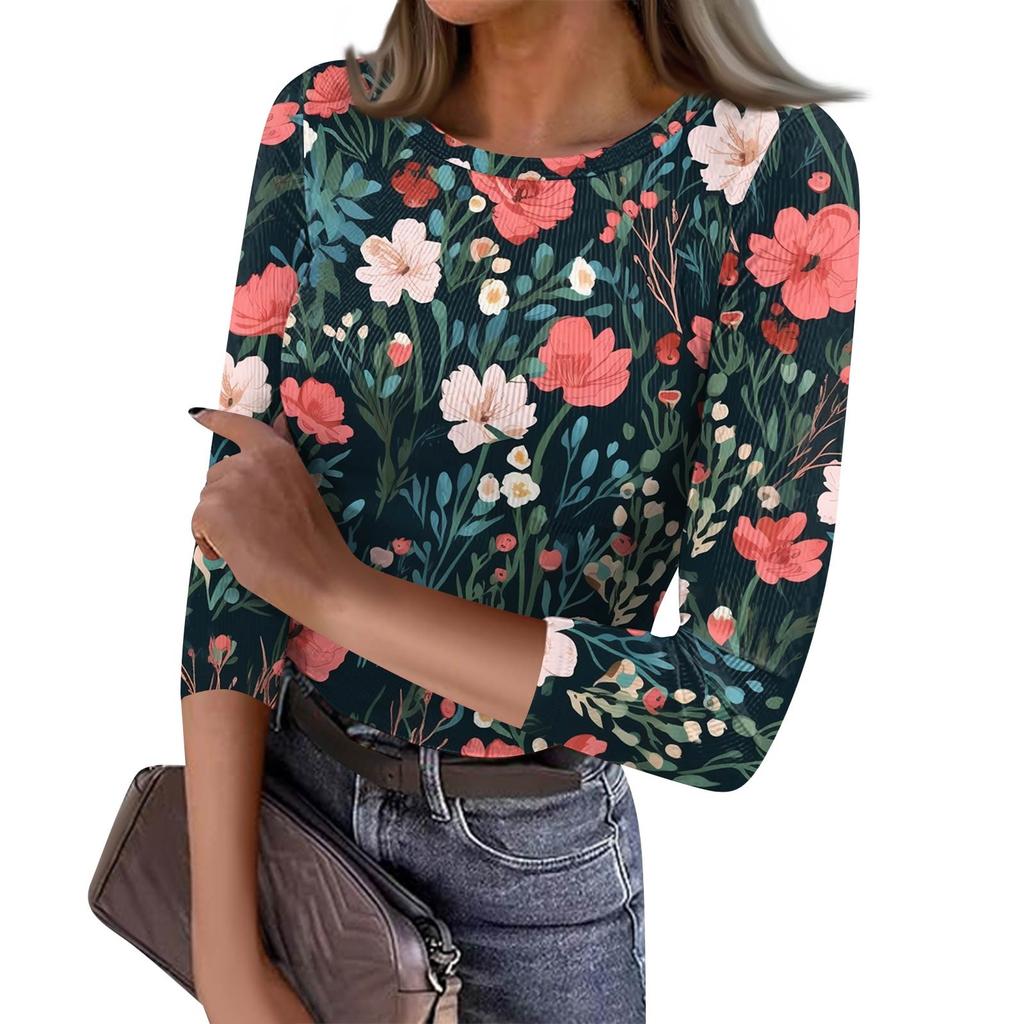 Women's Slim Bottom T-shirt Fashion Casual  Printed Round Neck Pullover Seven Sleeve Top