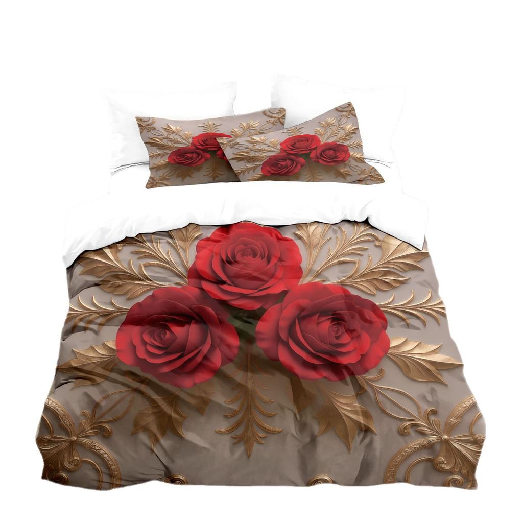 Bed Three-Piece Rose 3D Digital Printing Abrasive Pillowcase Quilt Cover Kit