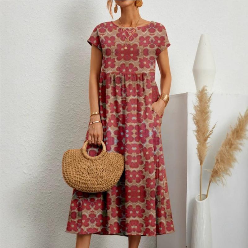 Cotton Linen Floral Print Summer Dress With Round Neck For Women