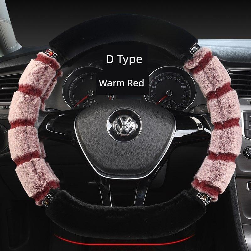 

Car Steering Wheel Cover, Long Plush Handle Cover, New Autumn and Winter Style, Unisex, Thickened, Warm, Non-Slip, Cute Black Pink D Type