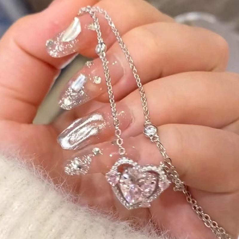 Korean Fashion Pink Crystal Heart Pendant Necklaces Women Girls Y2K Sparkling Rhinestone Fairy Clavicle Chain Jewelry Gifts