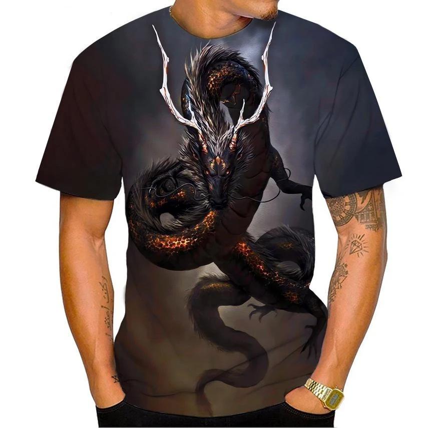 Summer Round Neck 3D Dragon Print Top Fashionable Casual Colorful Short Sleeved Men's T-shirts