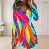 Women Plus Size V Neck Long Sleeve Blue White Printed Curved Hem Dress