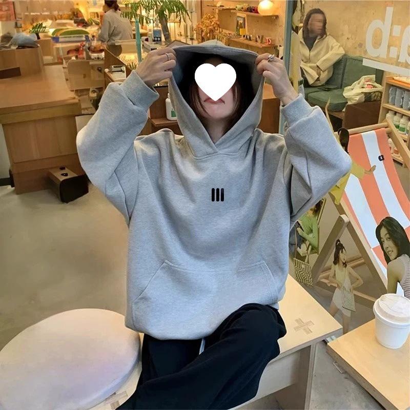 Women's Fleece-Lined Embroidered Hoodie, Thick Loose Fit, Long-Sleeve, White/Gray, New 2025 Style for Autumn/Winter.