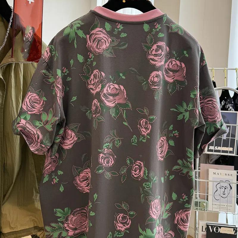 Women's Summer Retro Print Short Sleeve T-Shirt Loose and Casual Round Neck Top