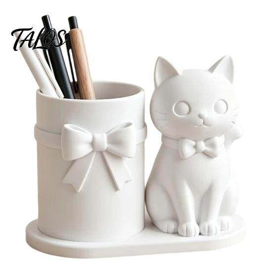 Cat Pen Holder, Cute Kitty Desk Organizer with Pens, Pencils, Makeup Brushes, 3D Printed Cat Sculpture for Home Office Desk Decor