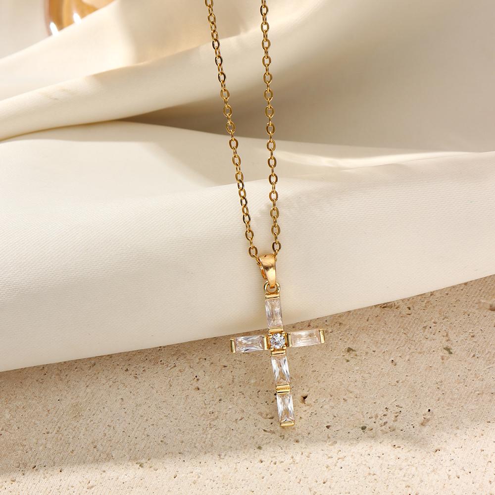 Golden Zirconia Arrow Cross Pendant Necklace, Dainty Jewelry for Women