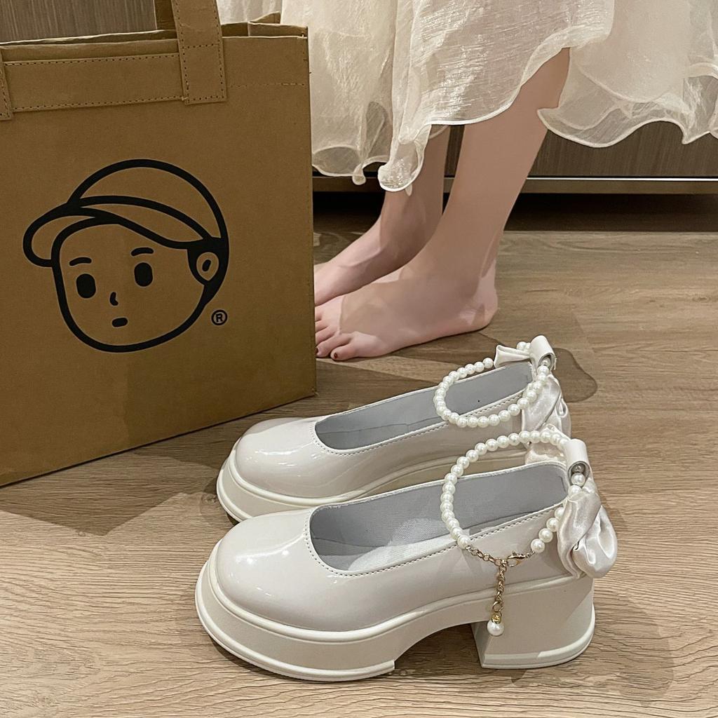 Fairy style small leather shoes white with skirt high heels single shoes French thick heel Mary Jane women's shoes 2025 summer and autumn new models