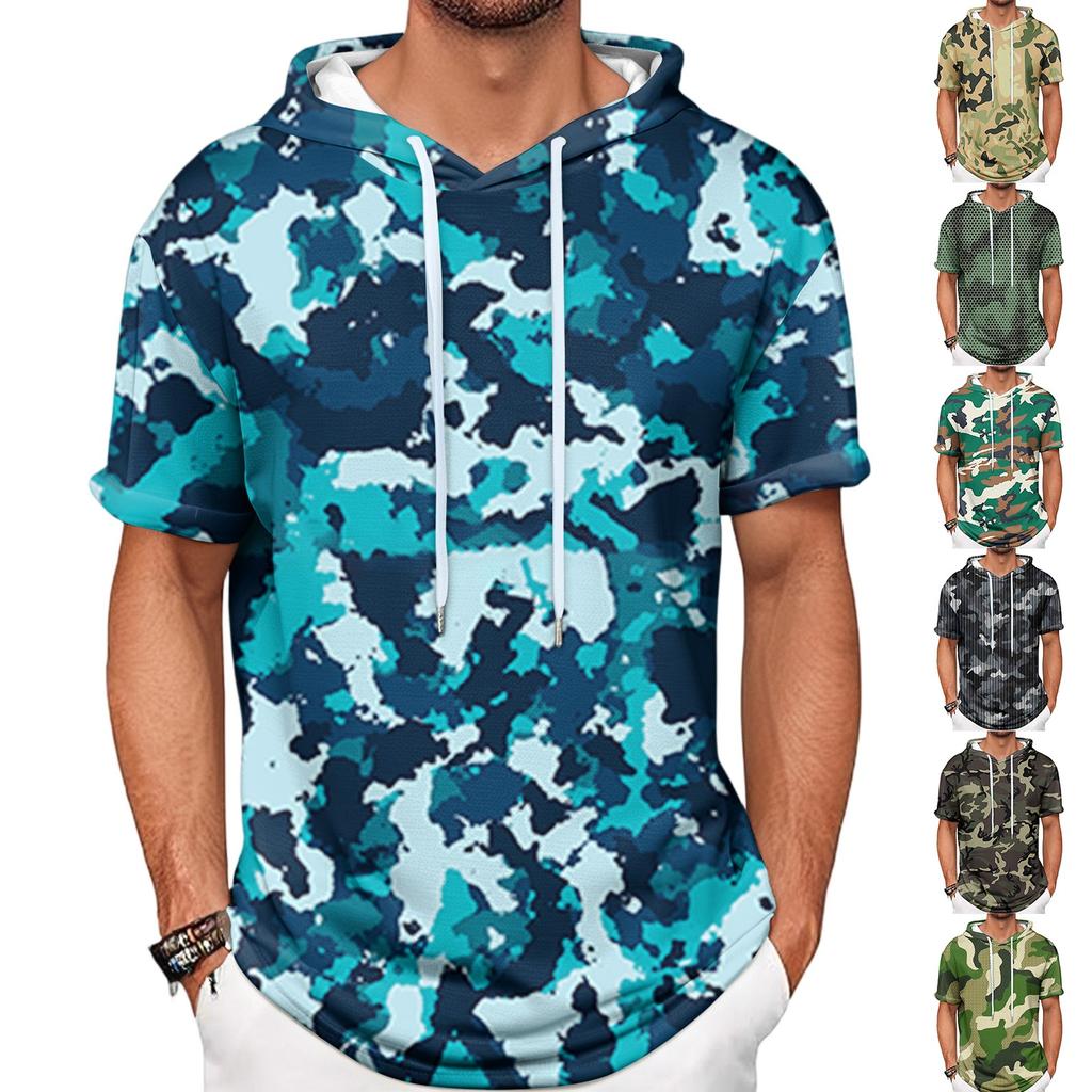 Gradient Print Men's Shirt Hooded Short-sleeved Hooded Spring And Summer Casual Daily Wear