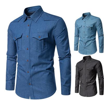 Herrenhemd Lässig Langarm Einfarbig Herren Slim Fit Businesshemd Tide Zwei Taschen Cargohemden Herren Design Schlicht