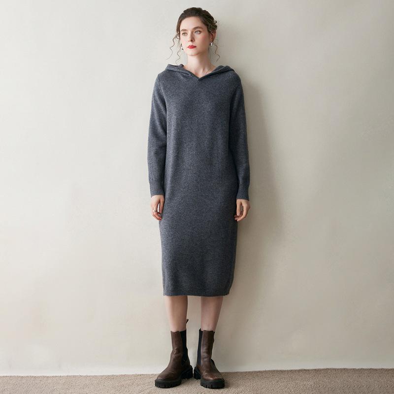Autumn/Winter Hooded Wool Knit Sweater Dress - Solid, Loose, Soft, Warm, Mid-Length Cashmere.