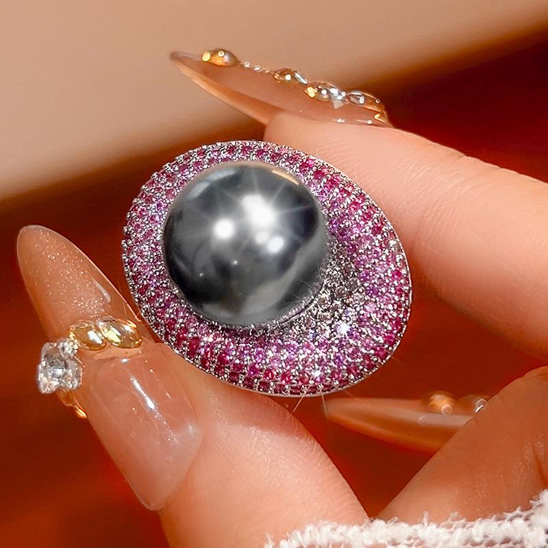 

New wish Australian fritillary pearl micro-set contrasting diamond ring fashion adjustable ring