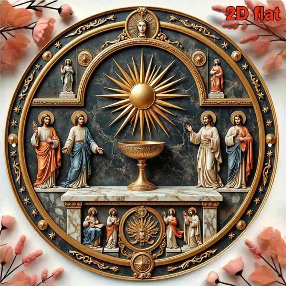 Vintage Sint Jozef Engel Rond Metalen Bord 20x20 cm Katholieke Muurkunst Altaar Decoratie