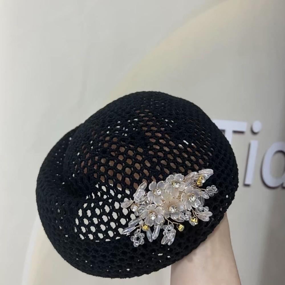 Korean Floral Painter hat French Women Knit Fabric Cap Versatile Hollow Out Beret Spring