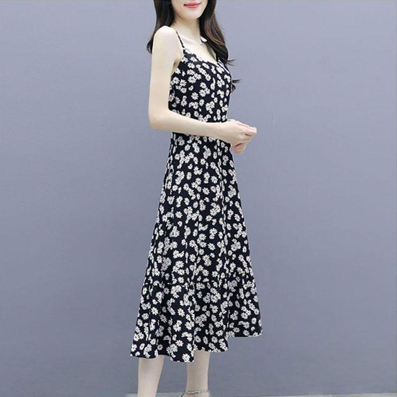 2024 Summer Thin New Broken Flowers Dresses Beach Style Women's Clothing Vintage Sleeveless A-Line Waist Commute Slip Midi Dress