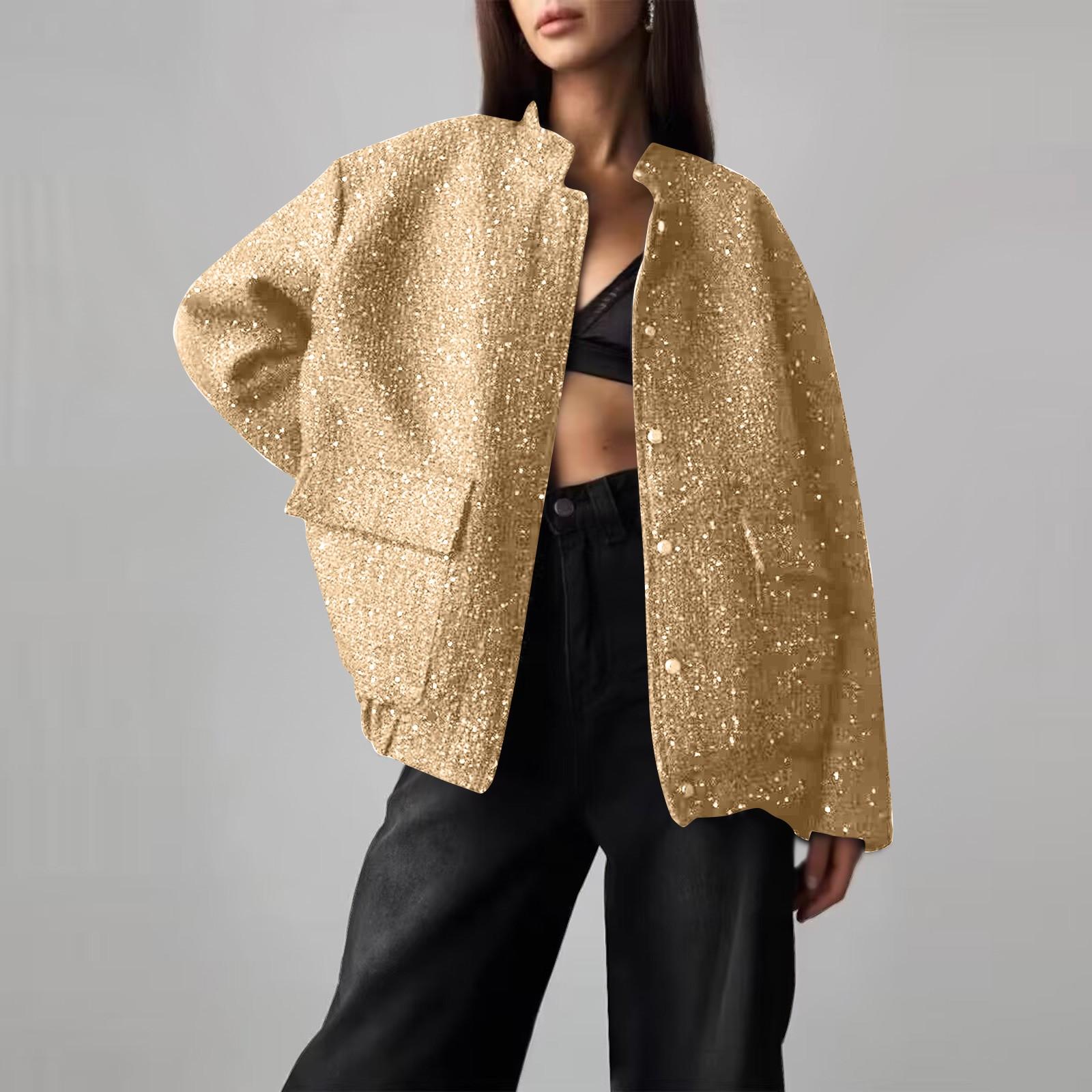 

Женские деловые повседневные блестящие рабочие куртки с открытым передом и длинным рукавом, осенний наряд L золотой