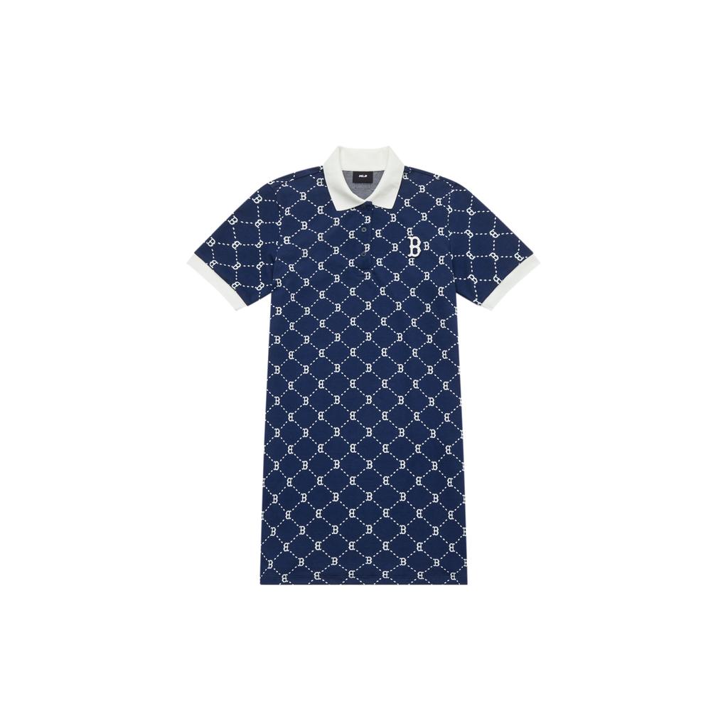 New MLB MONOGRAM Reading Collection Short Sleeved Dress Women's Navy Blue 3FOPM0443-43NYS