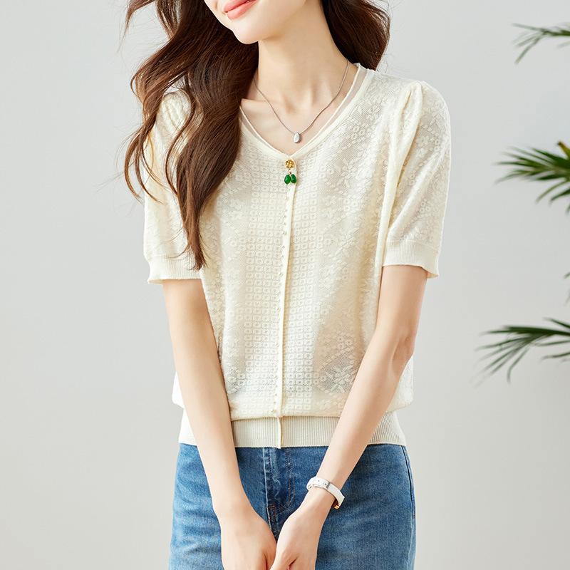 

Жаккардовый свитер для женщин Летом Новый Короткий рукав Повседневный для работы Круглый вырез Ледяной шелк Тонкий стиль One Size бежевый