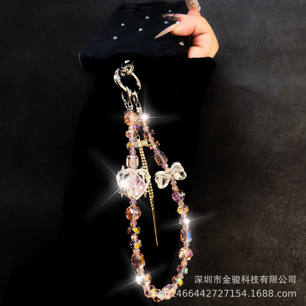 New High-Quality Phone Chain Creative Heart Zircon Hanging Chain Crystal Ins Style Bow CCD Bag Strap Short
