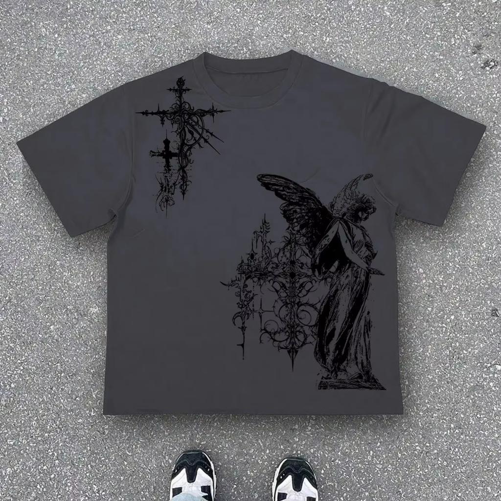 Retro Gothic Tshirt HipHop Streetwear Harajuku Tshirt YK Shirt with Print Casual Loose Streetwear Gender Neutral
