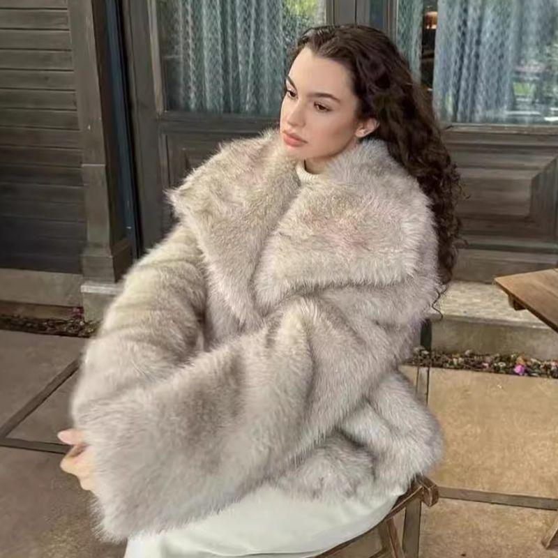 European and American Outwear Fall and Winter Faux Fur Coat Outwear Women's Large Lapel Internet Celebrity Imitation Fox Fur Jacket Outwear Coat