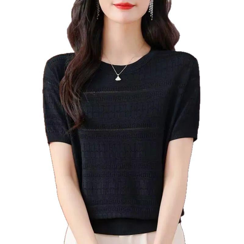 Women Round Neck Hollow Striped Knit T-shirt Short Sleeve Thin Summer Casual Knitted Blouse Tops