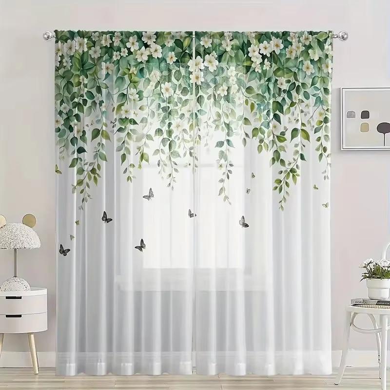 2PCS floral and butterfly flat printed transparent curtains, perfect for bedrooms, living rooms, dining rooms, and bathrooms