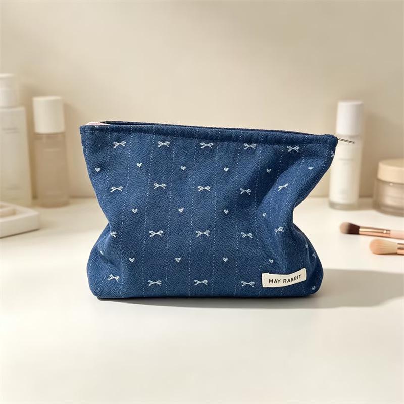 Korean-Style Denim Heart Print Versatile Jewelry & Makeup Bag