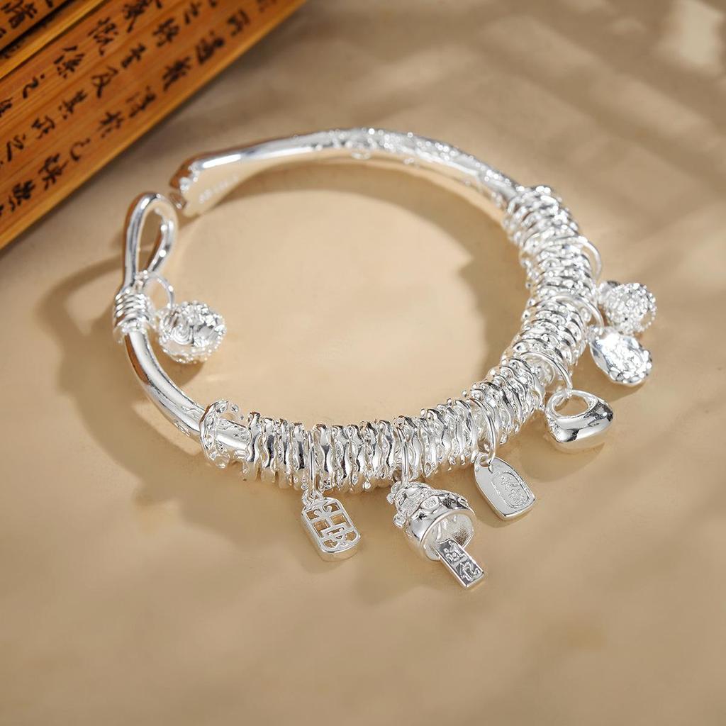 Exclusively designed lucky charm wrap-around bracelet with gourd bell, lucky cat bangle in thick silver-plated copper, perfect for live streaming.