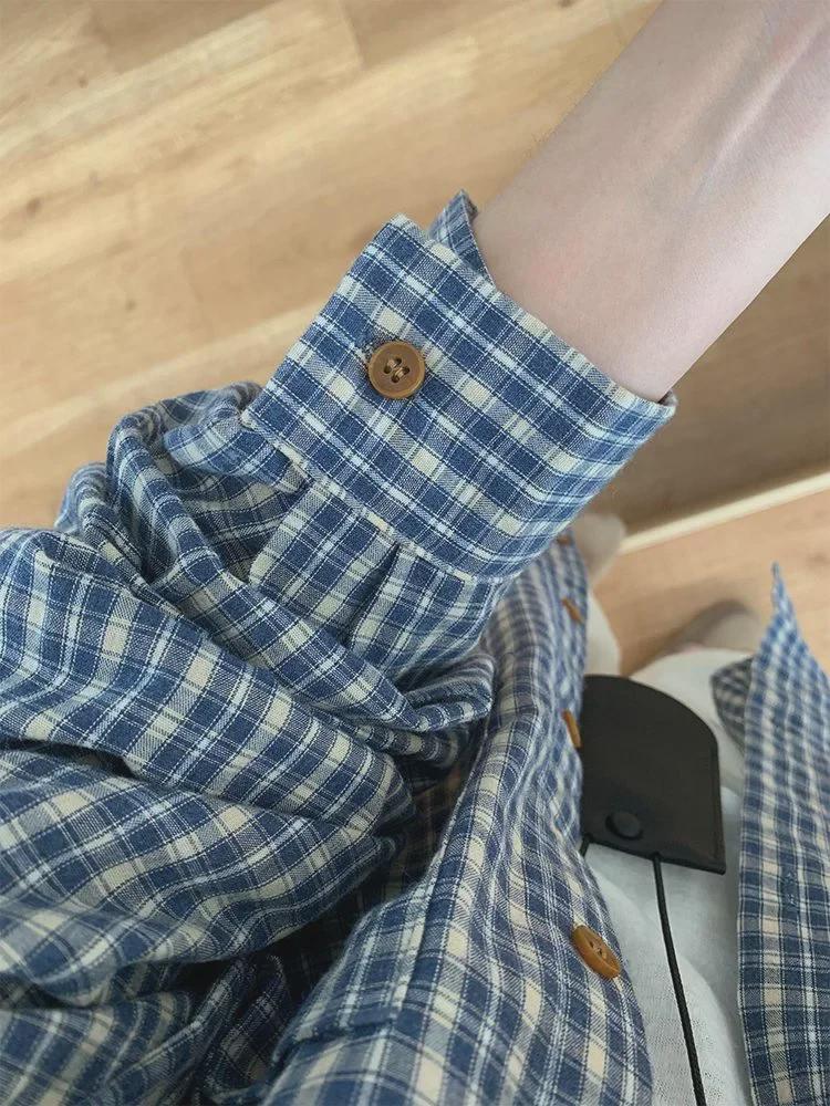 Women's Blue Plaid Shirt Jacket - Korean Autumn Style Loose Casual Cardigan Top