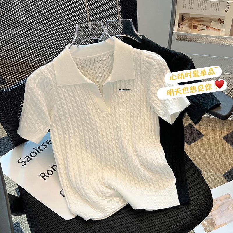 Lapel Knitted Sweater Short-sleeved T-shirt Women's Summer New Thin T-shirt, Fashionable Temperament and Thin Top Women