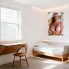 Vintage Tropical Resort Blonde Woman Tin Sign, Sunburned Chest & Shoulders, Pink Bikini with Pastel Swirls, Palm Trees, Clear Sk
