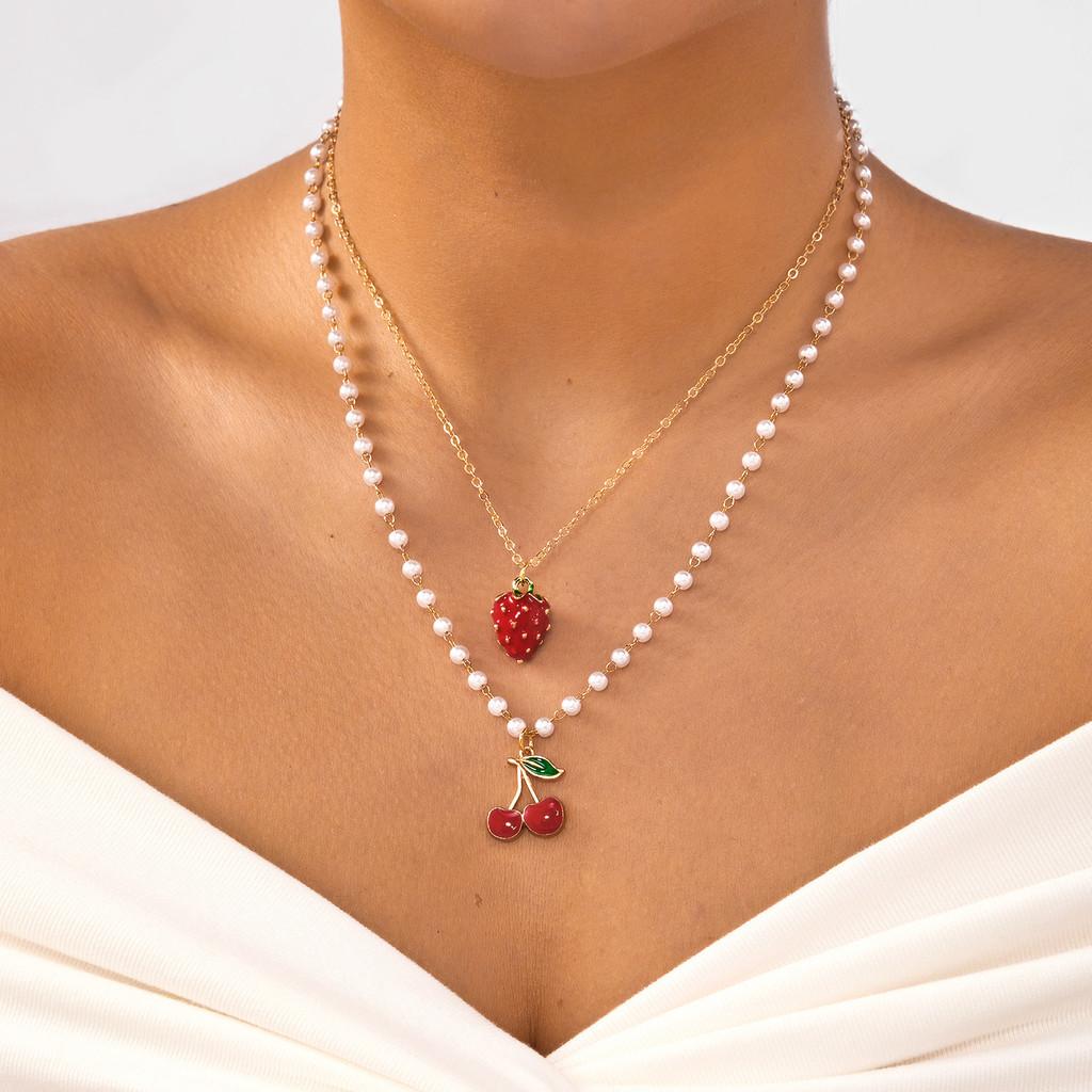 

Strawberry Charm Necklace For Women Summer Fashion Layered Alloy Chain With Text Pendant