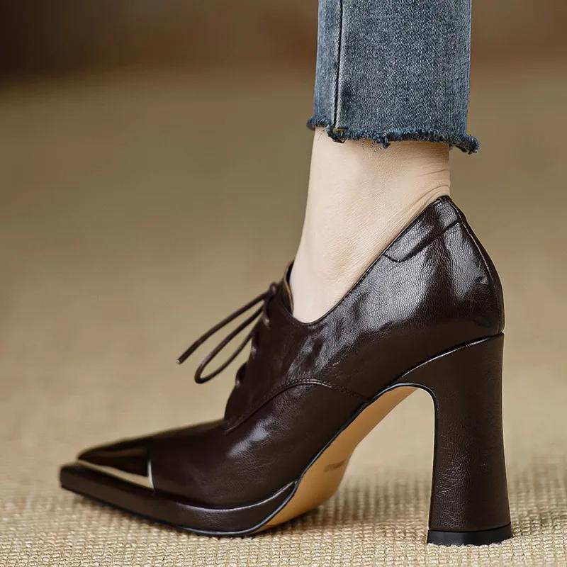 Shoes Women Lace Up Genuine Leather High Heel Pumps Female Low Top Metal Pointed Toe Wedding Party Ankle Boots Casual Shoes