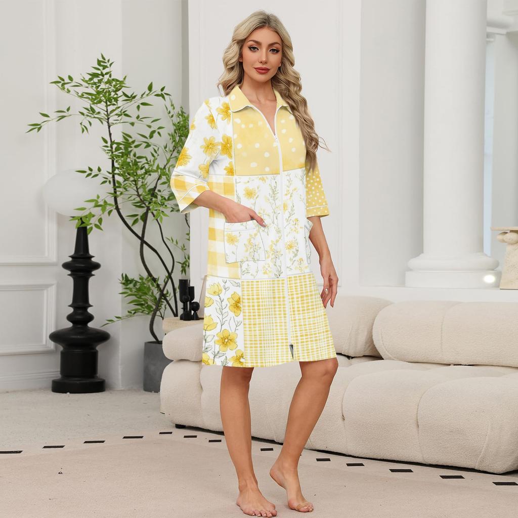 Bata Ligera con Estampado Floral para Mujer, Cierre de Cremallera Delantera con Bolsillos, Manga 3/4, Longitud hasta la Rodilla, Bata para el Hogar y Ropa de Dormir