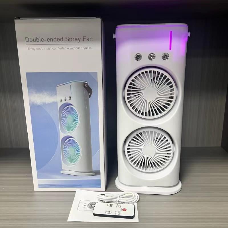 Dual-head Rechargeable Oscillating Fan with Three-Hole Spray, Remote Control, Color Lights, High Power for Home Use 21 * 13.4 * 41 cm