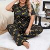 European Heart Print Plus Size Sleepwear Set: Round Neck, Short Sleeve, Long Pants