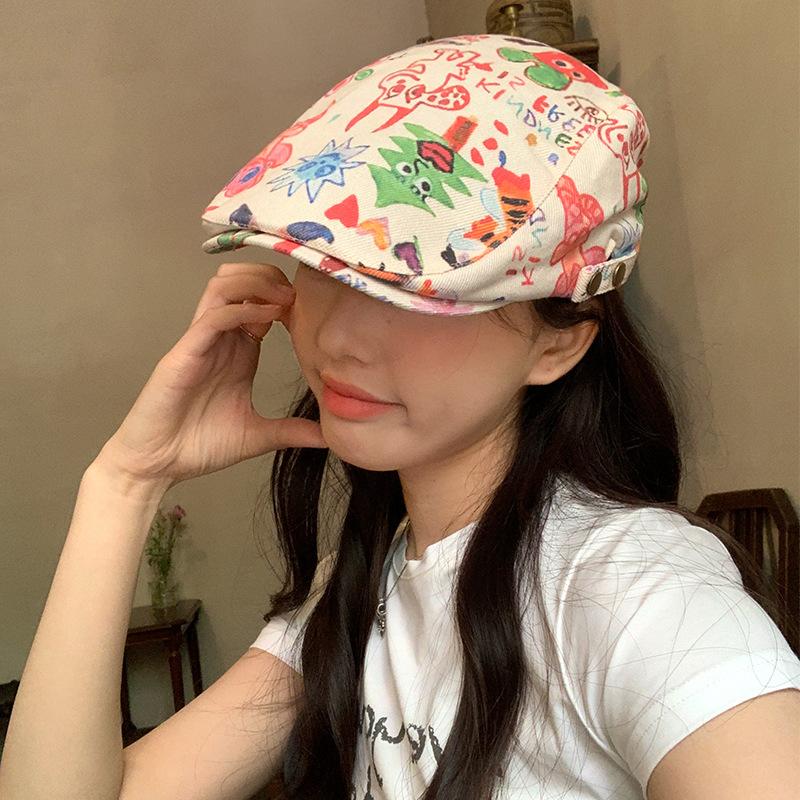Japanese-style Playful Graffiti Beret for Women, Niche Backwards-worn Forward Cap, Funny Newsboy Cap That Makes the Face Look Smaller, Trendy