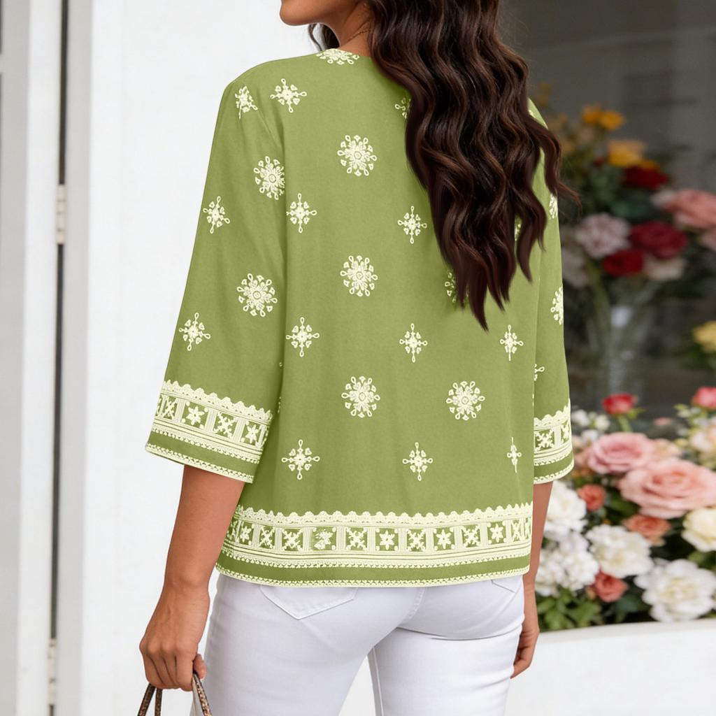 Ladies' Casual Retro Loose Bohemian Printed 3/4 Sleeve Shirt Top