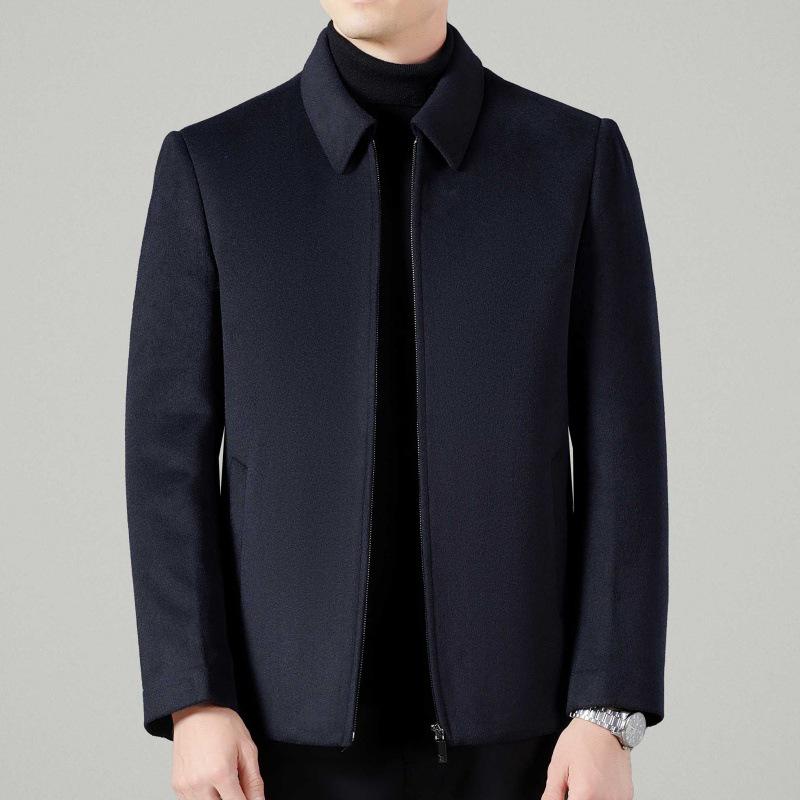 Winter Cashmere Jacket with Woolen Down Liner for Middle-Aged & Elderly Men - Short Stand Collar