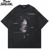 Hip Hop Streetwear Herren T-Shirt Oversized Ästhetisches Grafik-T-Shirt Retro Vintage Gewaschenes Schwarzes T-Shirt Baumwolle Unisex Oberteile Tee
