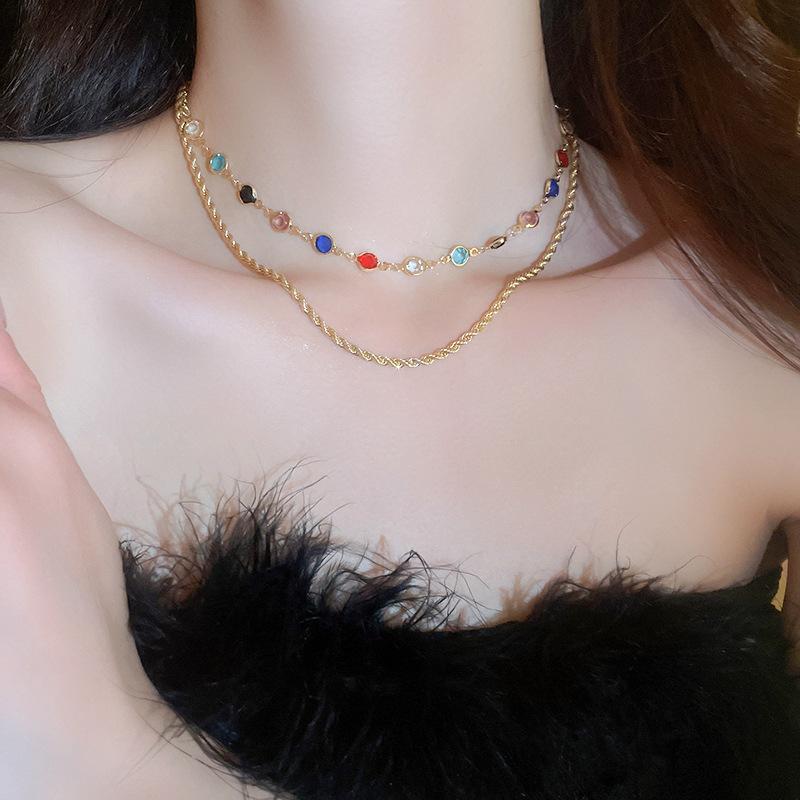 Bohemian Luxury Colorful Crystal Necklace for Women Double Layer Shiny Chain Choker Party Body Statement Jewelry Gifts