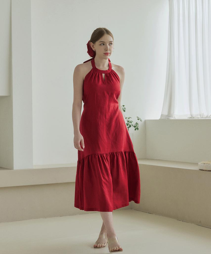 Belrma Red Linen Back-Open Ribbon Halterneck Dress
