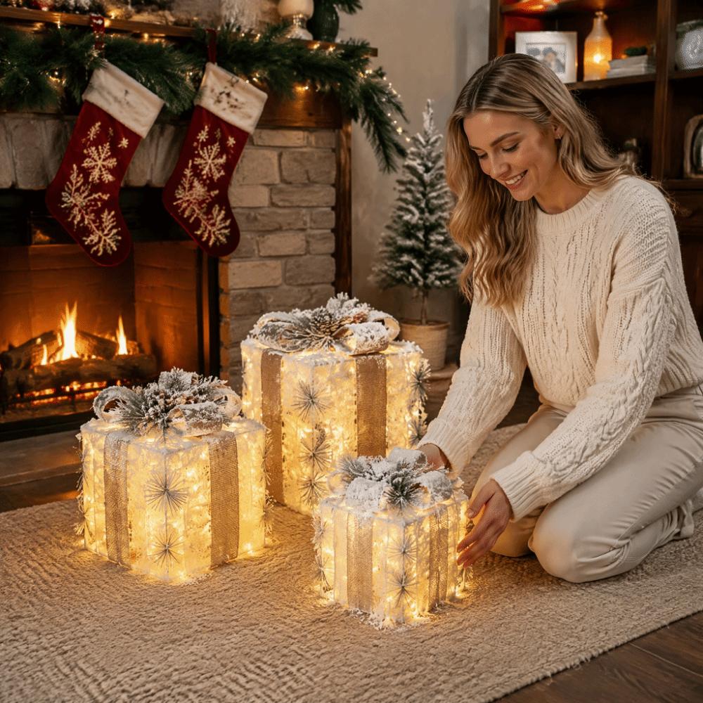 3pcs Plush Design Christmas Light Up Boxes Versatile Lighted Gift Boxes Outdoor Decor