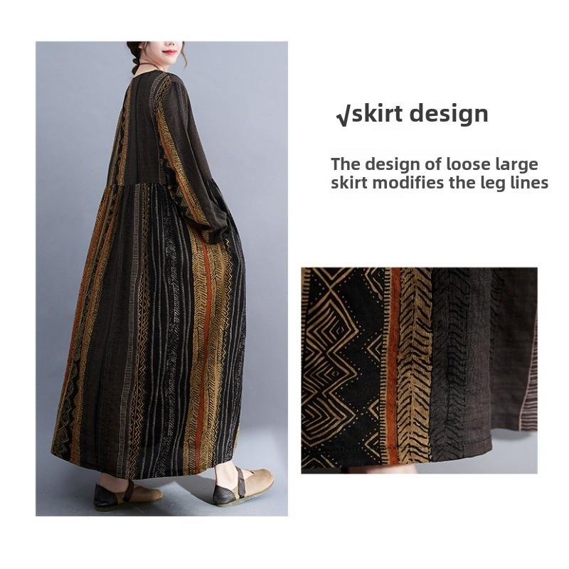 GMXIA Autumn Women's Plus-size Mm Slimming Retro Age Reduction Ethnic Style Fat Sister Long Sleeve Striped Dress Autumn and Winter
