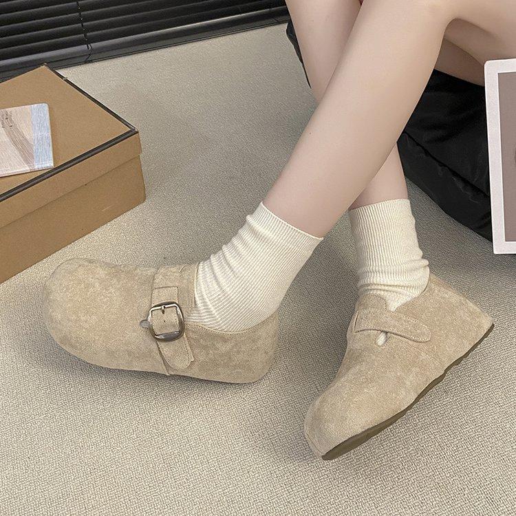 Retro Leather Inner Height Increase Boken Shoes Women's 2025 Autumn New Belt Buckle Round Head Ugly Cute Mori One-pedal Single Shoes