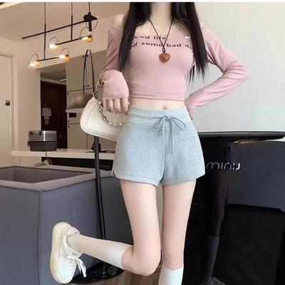 Graue Baumwoll-Sport-Freizeitshorts für Damen Sommer A-Linie Hohe Taille Locker Weites Bein Strand Hotpants Ins Trend